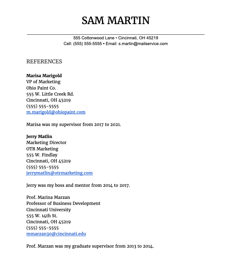 reference page for job resume