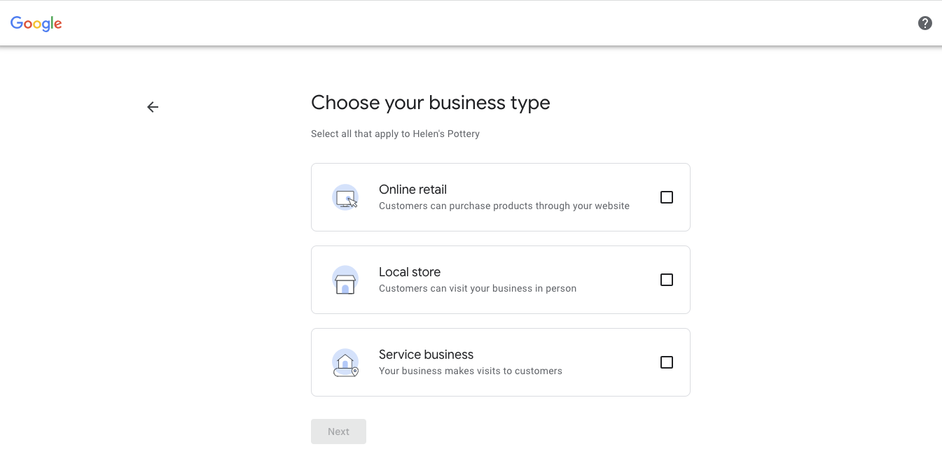[Screenshot] Page to select business type in Google Business