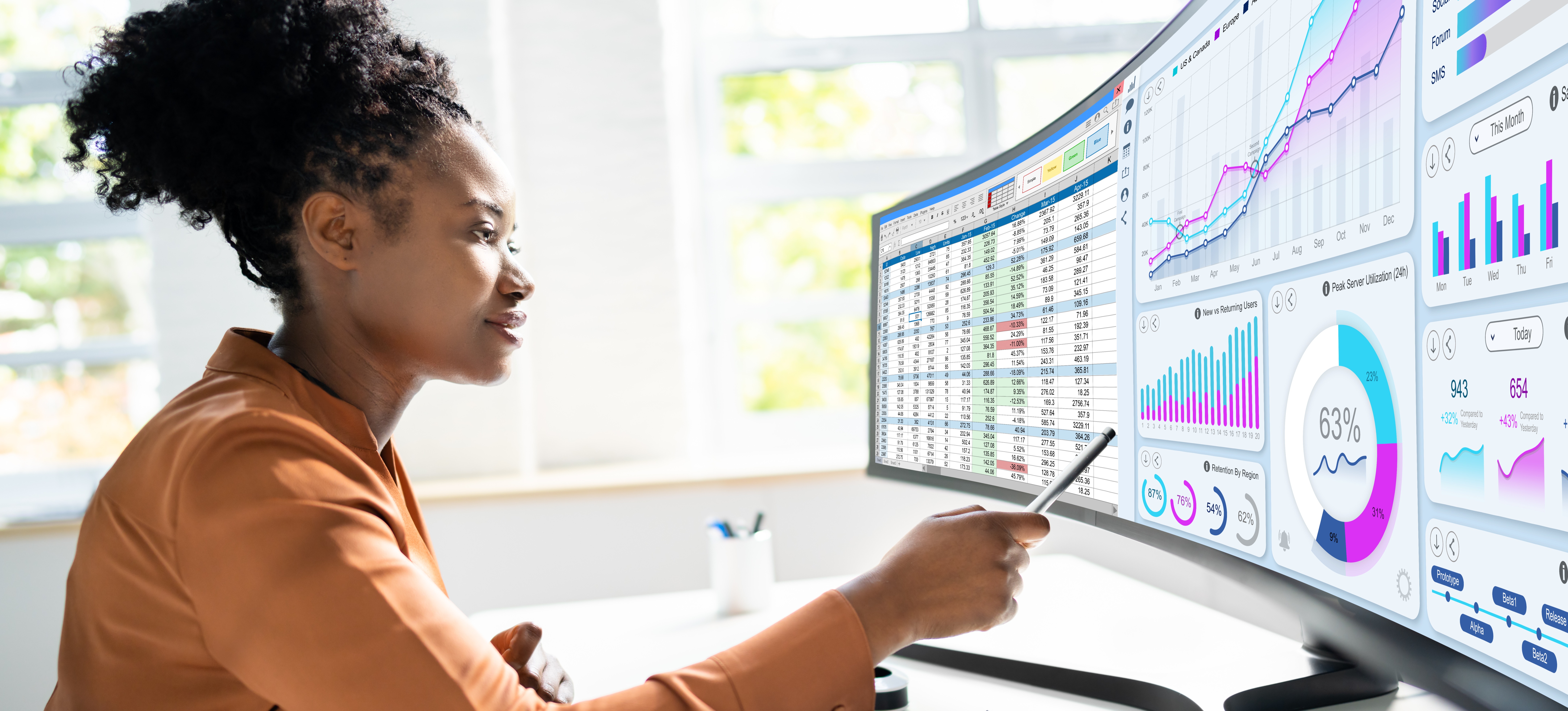 [Feature Image] A business intelligence analyst reviews data visualizations on several computer screens as they prepare to perform their job functions. 
