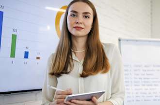 [Featured image] A business intelligence analyst stands in front of a digital whiteboard during a presentation.