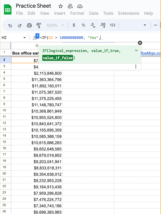 Google Sheets 'IF-THEN' command typed including the logical expression and value if true