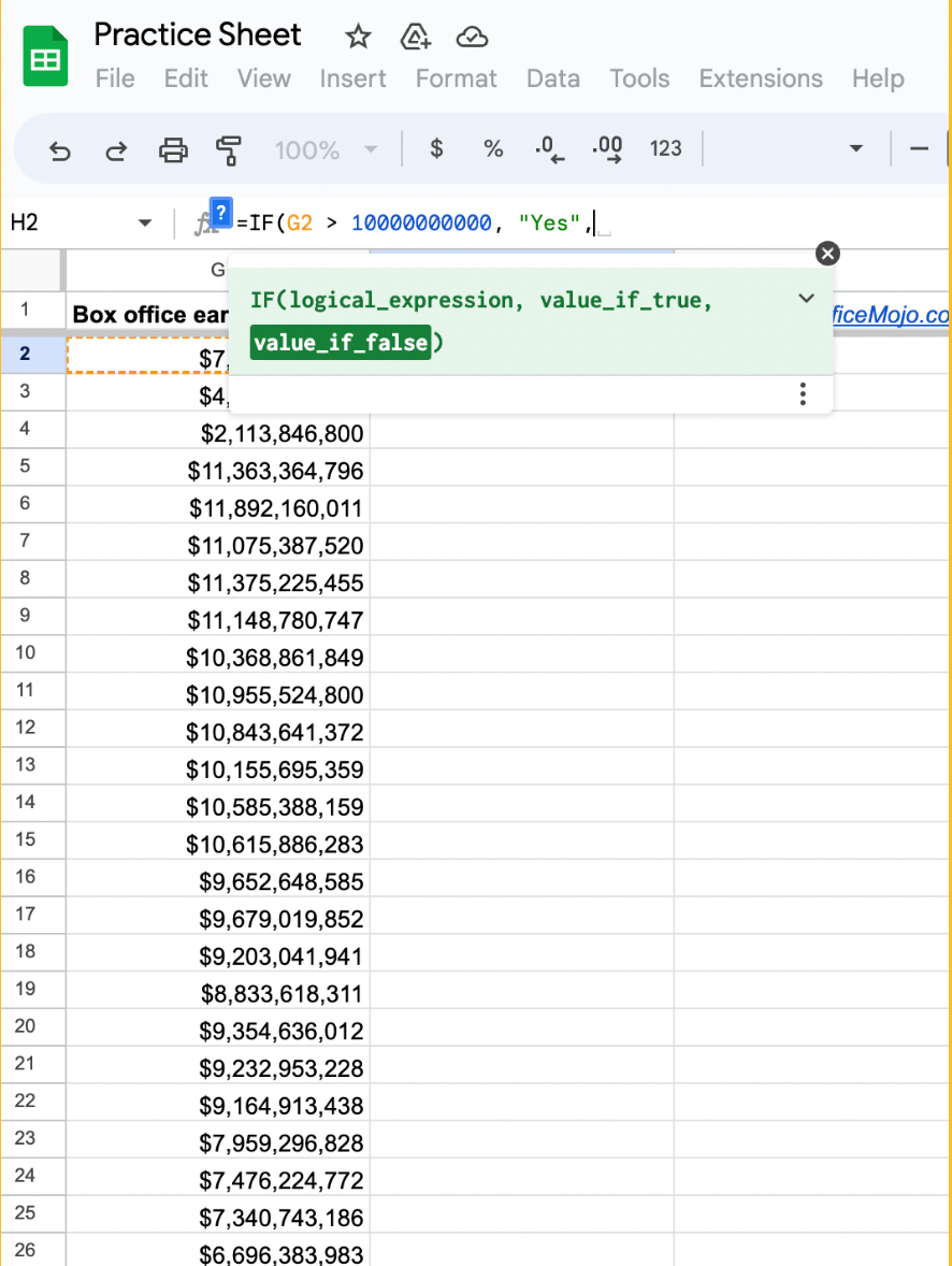 Google Sheets 'IF-THEN' command typed including the logical expression and value if true
