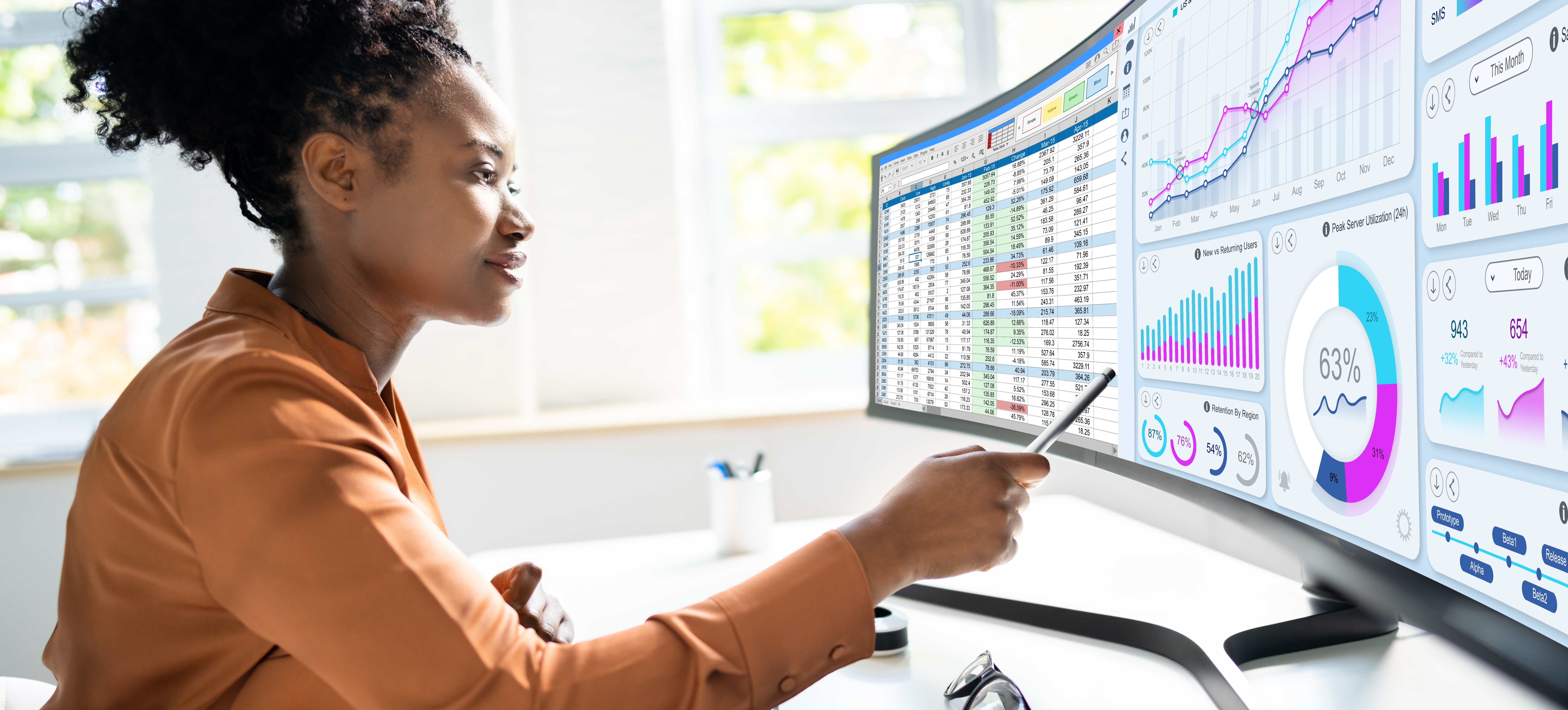 [Featured image] A business analyst uses a BI tool to create a dashboard on a wide monitor.