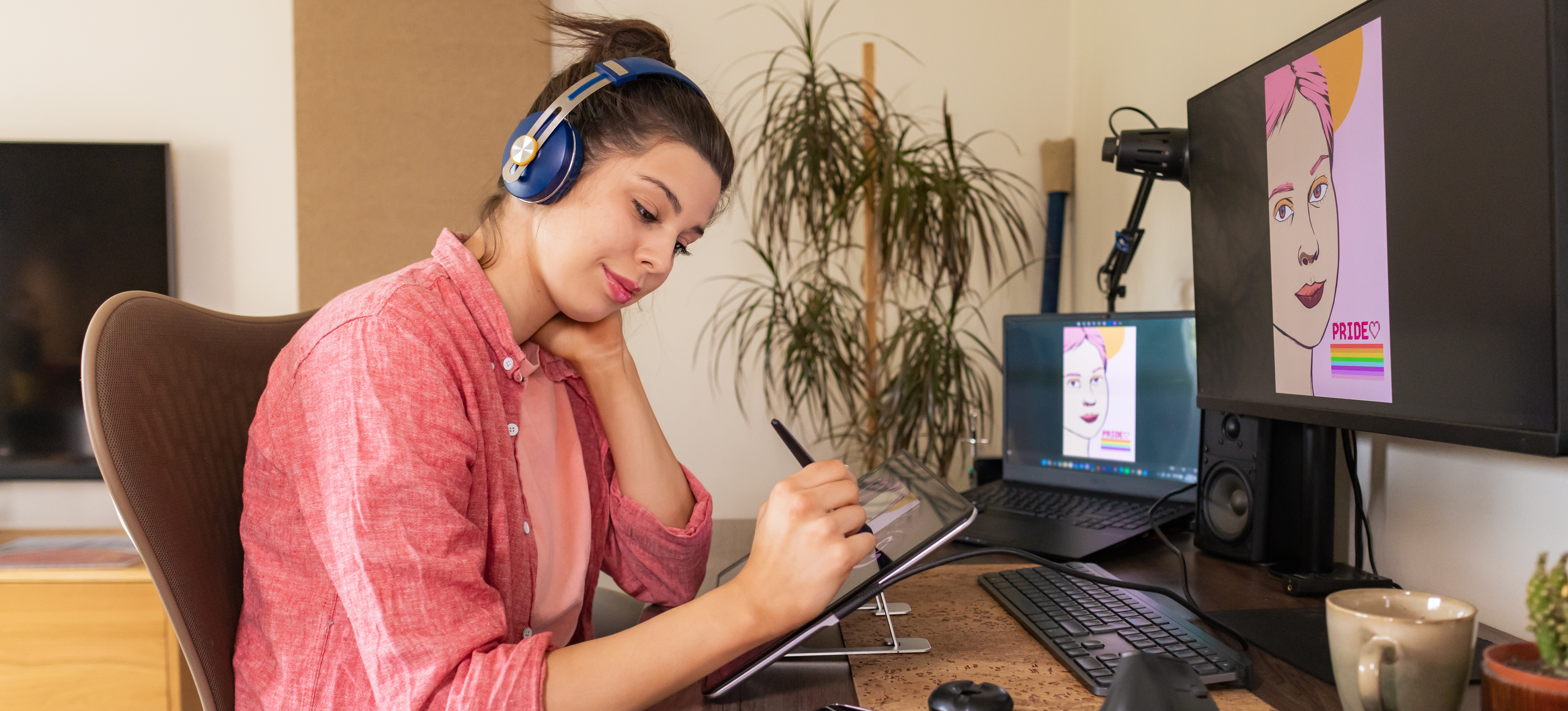 [Featured Image] A graphic designer puts various graphic design skills to work as she prepares a project.
