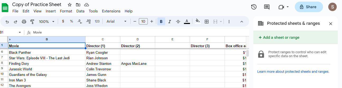 Google Sheet with box open on the right side that says ‘Add a sheet or range’