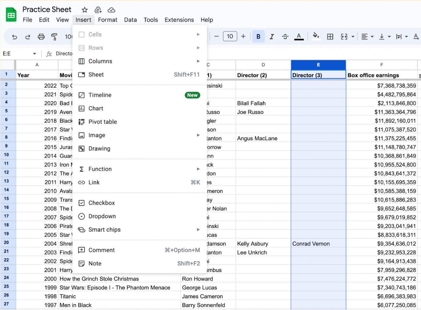 Google Sheet Insert menu opened