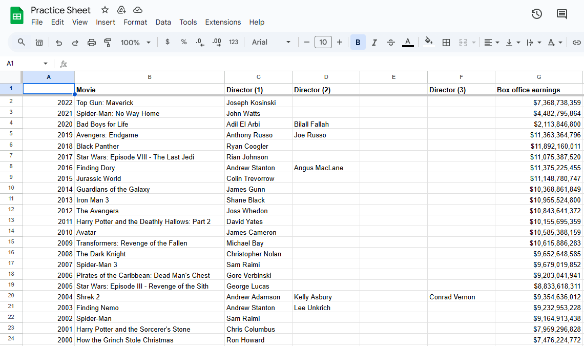 Google Sheet with data displayed