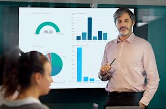 [Featured image] Man showing group graphs of product performance on a projection screen