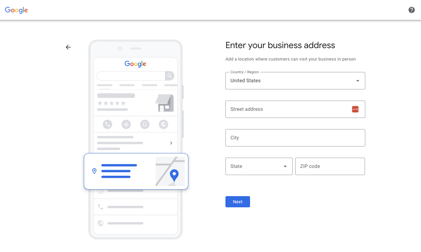 [Screenshot] Page to enter a business address in Google Business