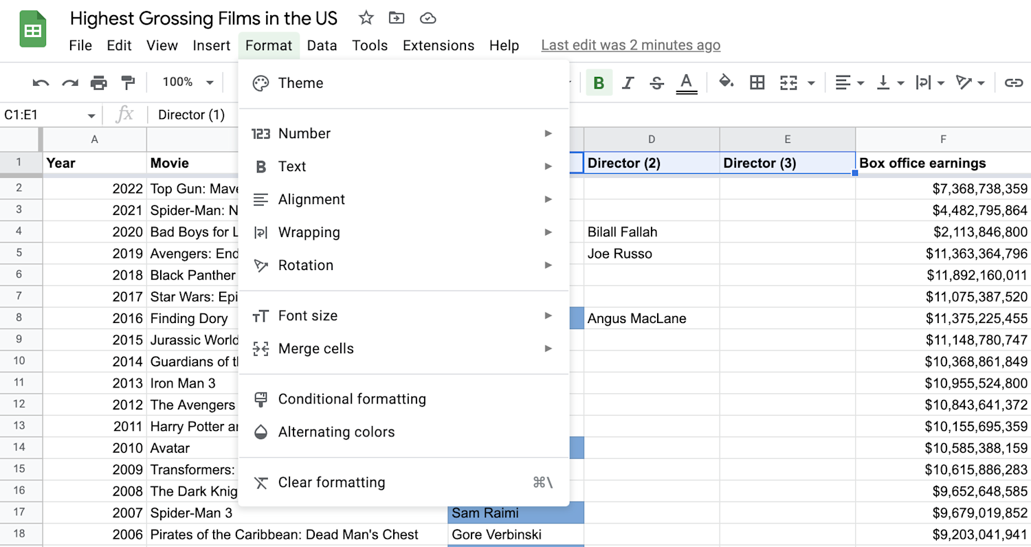 Alt text: Format tab drop-down menu displayed in Google Sheets. 