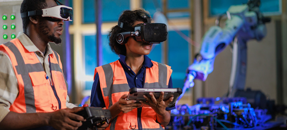 [Featured Image] Two people wearing VR headsets working in an AI lab after progressing from their entry-level AI jobs.