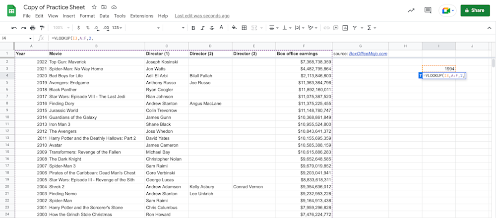 Alt text: VLOOKUP function index displayed in Google Sheets.