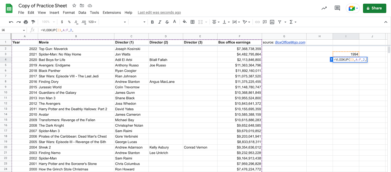 Alt text: VLOOKUP function index displayed in Google Sheets.