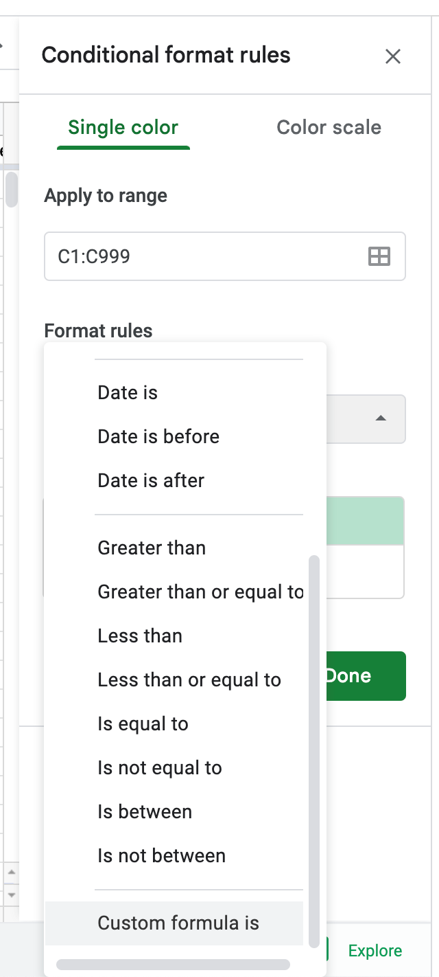 Alt text: Close-up of the Conditional Formatting extended menu options for the “Format cells if” box displaying a cell range for formatting.