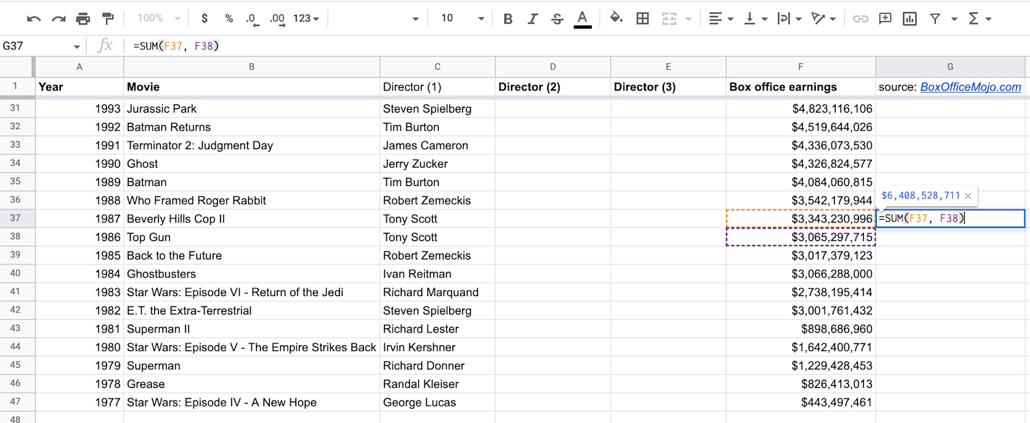 Alt text: A cell displaying the function =SUM(F37, F38) in Google Sheets.