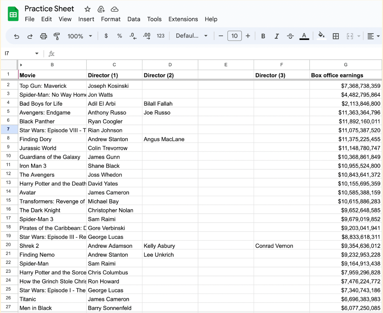 Google Sheet displayed