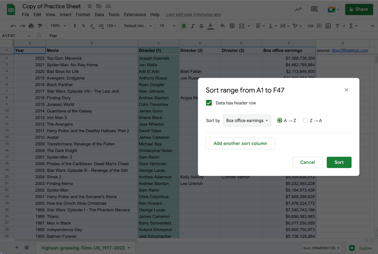 Alt text: Applying a sorting rule to a data range in Google sheets