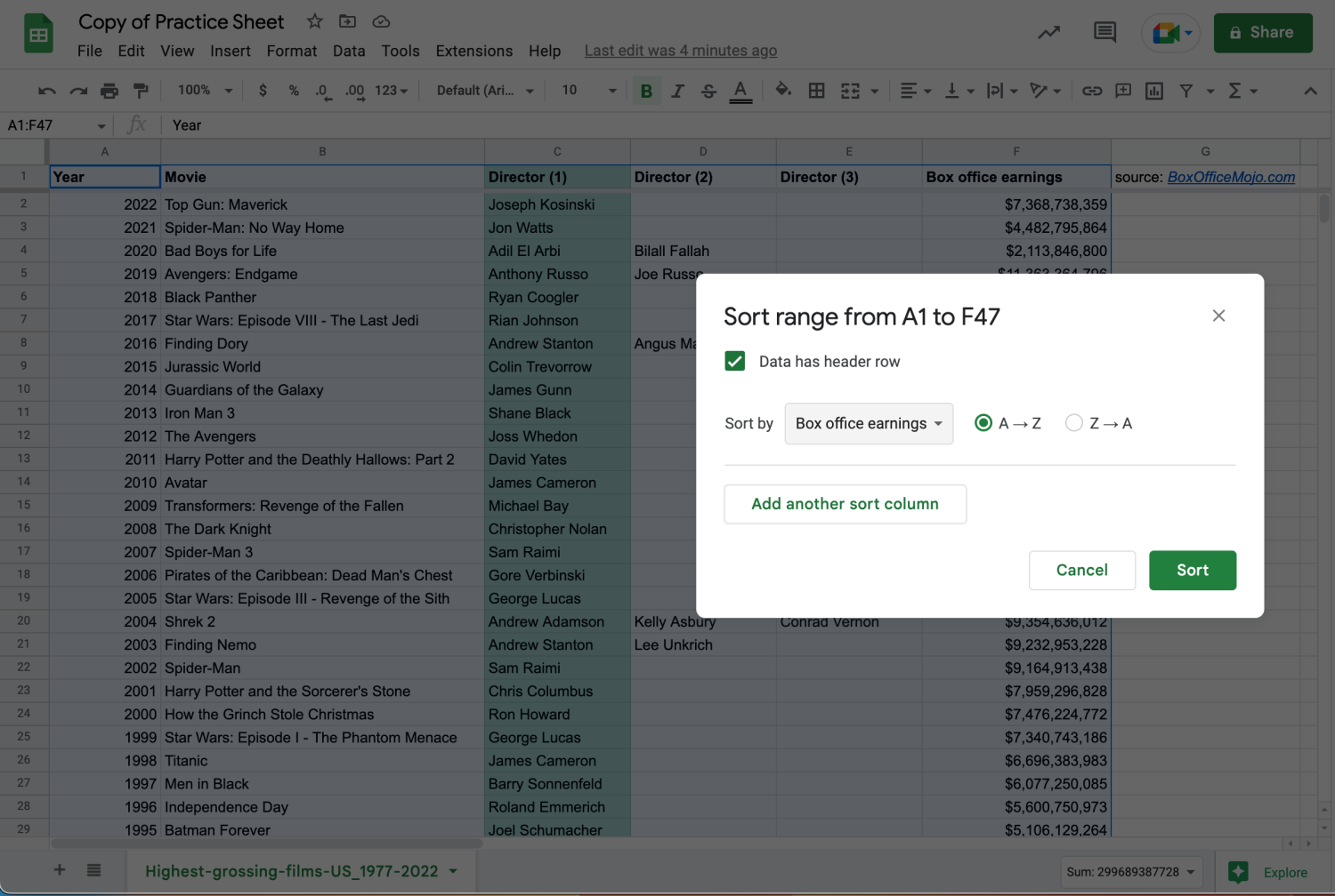 Alt text: Applying a sorting rule to a data range in Google sheets