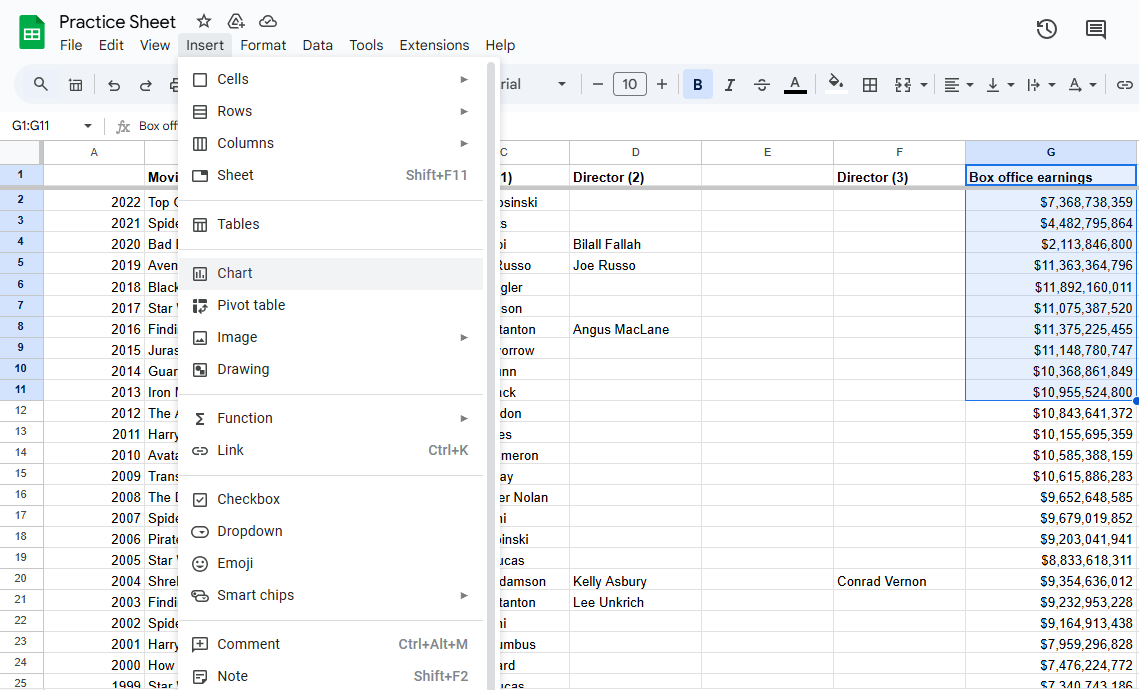 Google Sheet with ‘Insert’ menu opened and ‘Chart’ highlighted
