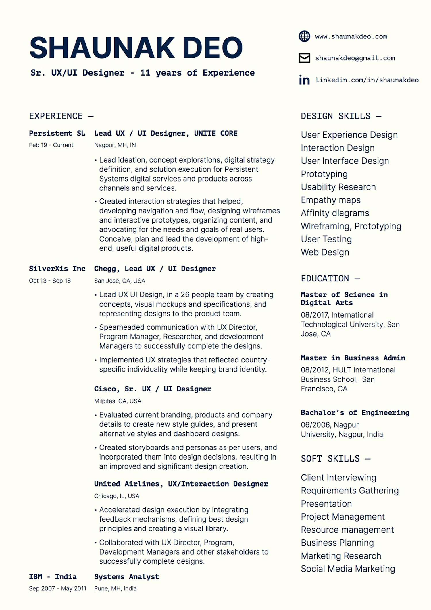 Shaunak Deo resume senior UX design