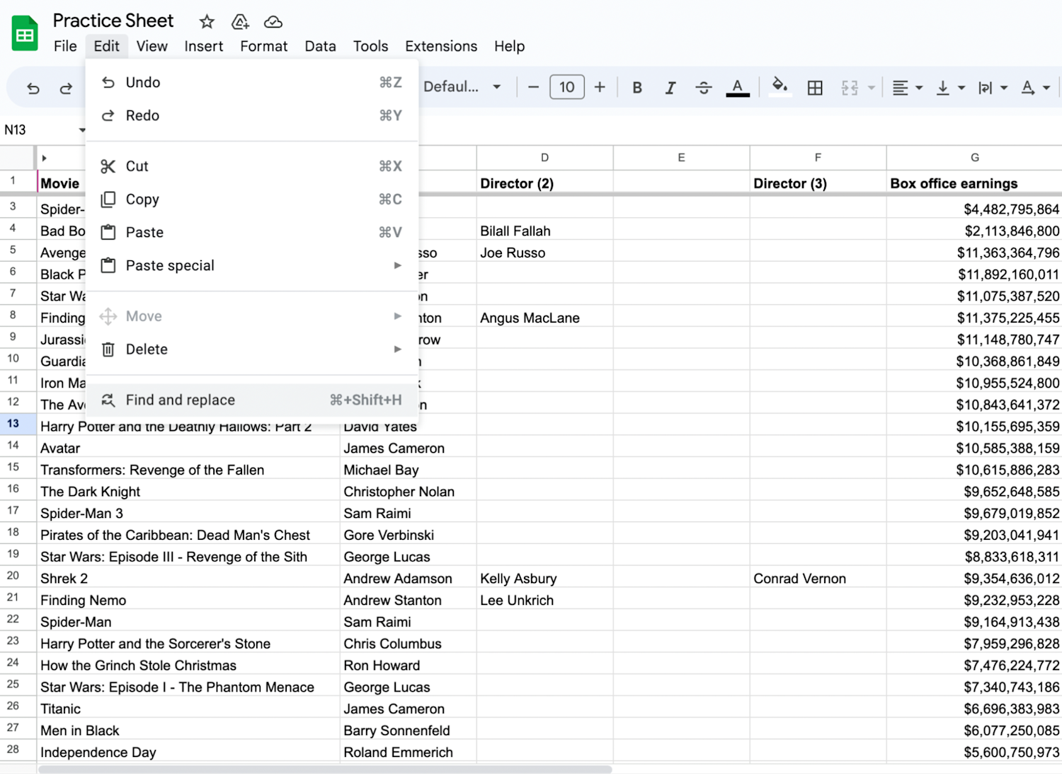 [Screenshot] Google Sheet ‘Find and replace’ Edit menu option displayed