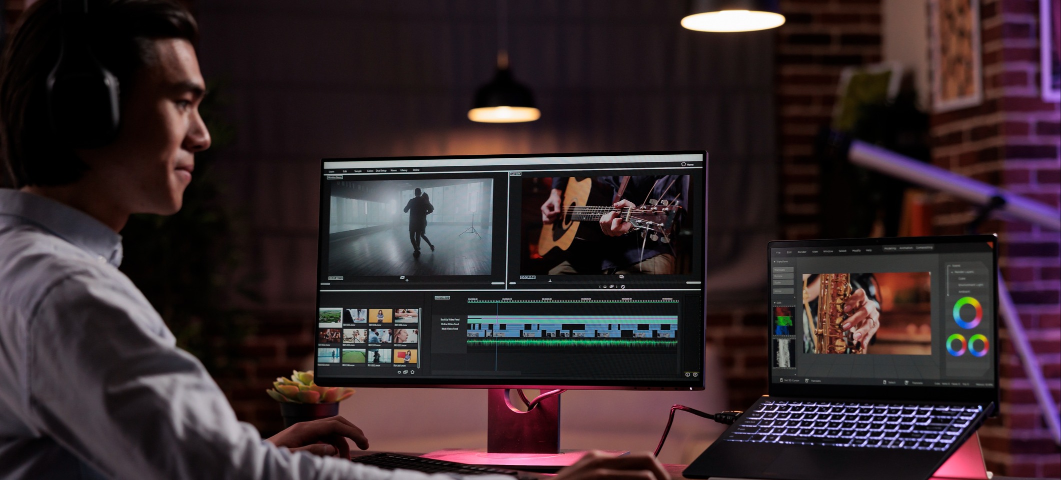[Featured Image] A videographer sits in his studio, video editing on a laptop and monitor. 