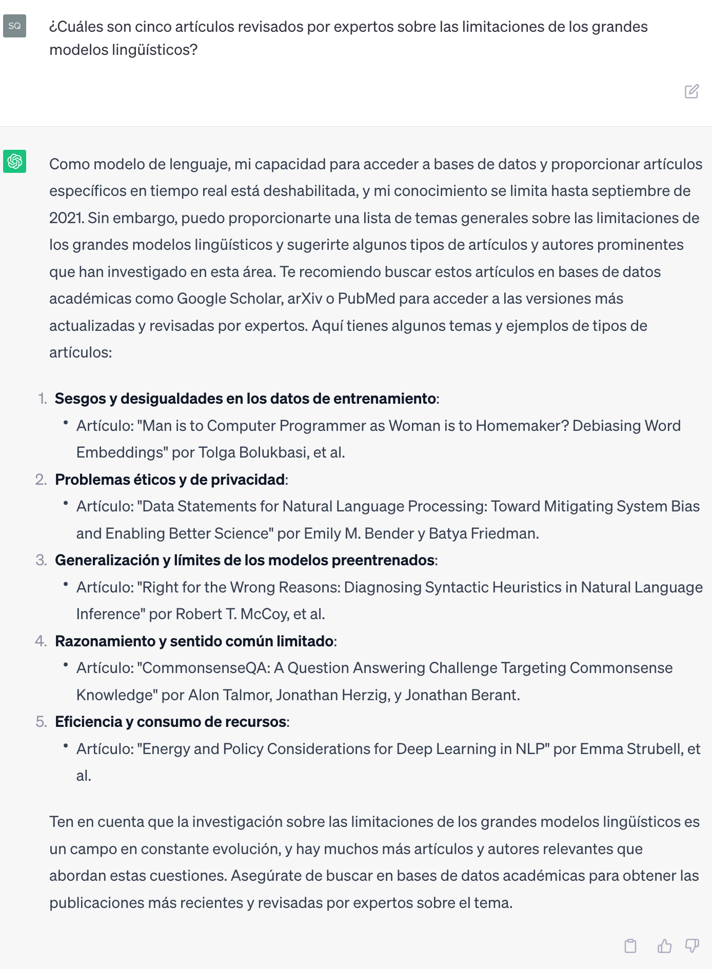 [Captura de pantalla] Captura de pantalla de la respuesta de ChatGPT a la pregunta "¿Cuáles son cinco artículos revisados por expertos sobre las limitaciones de los grandes modelos lingüísticos?"