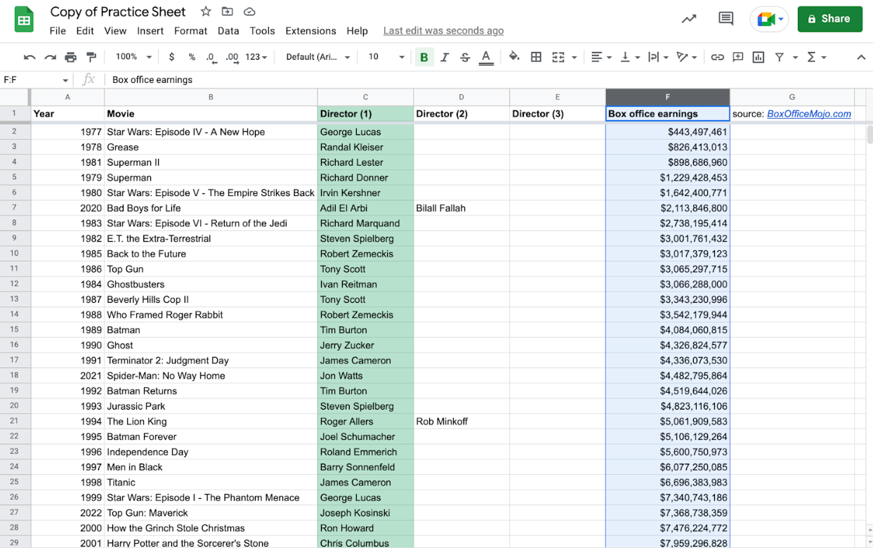 Alt text: A sorted Google Sheet data range