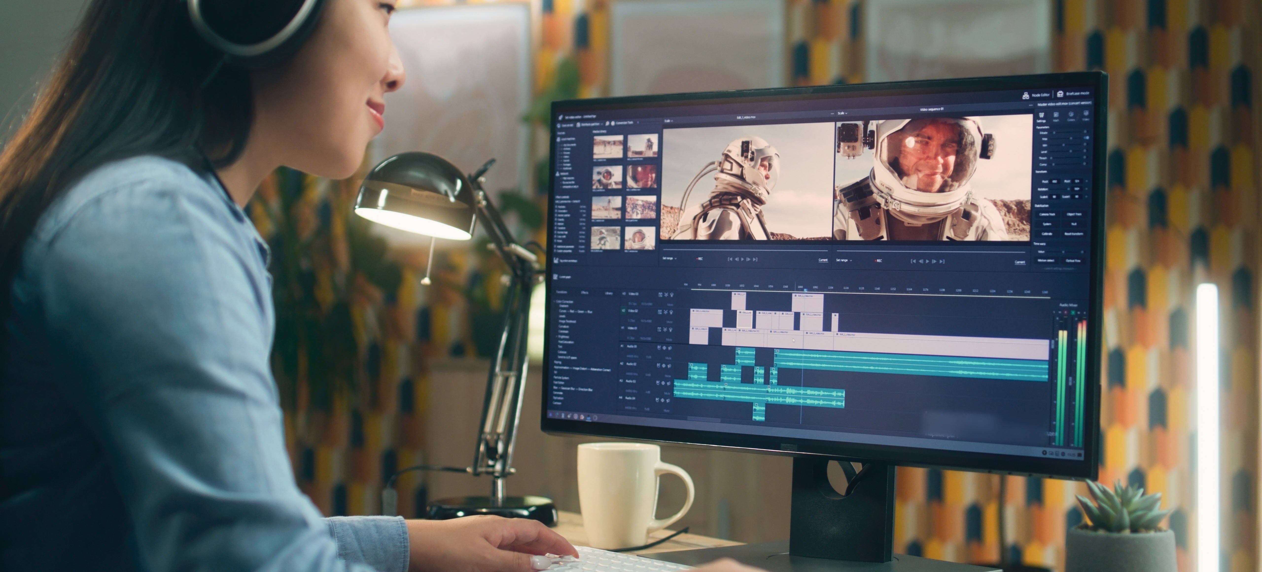 [Featured Image] A smiling video editor wearing headphones works with video editing software on a desktop computer in preparation for video editor interview questions.

