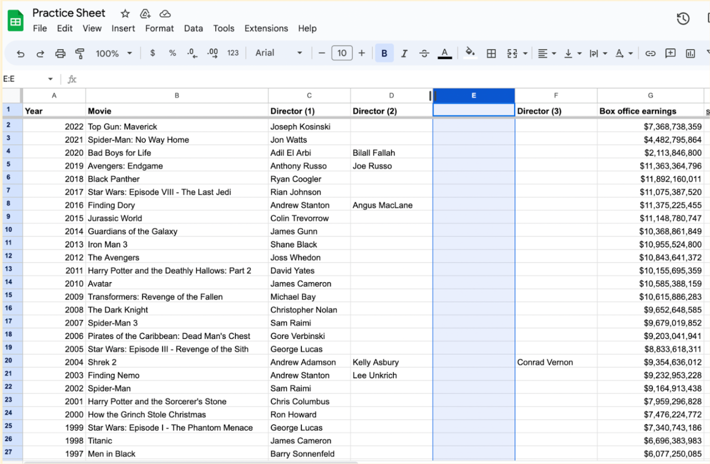 Google Sheet column highlighted with cursor ready to expand column