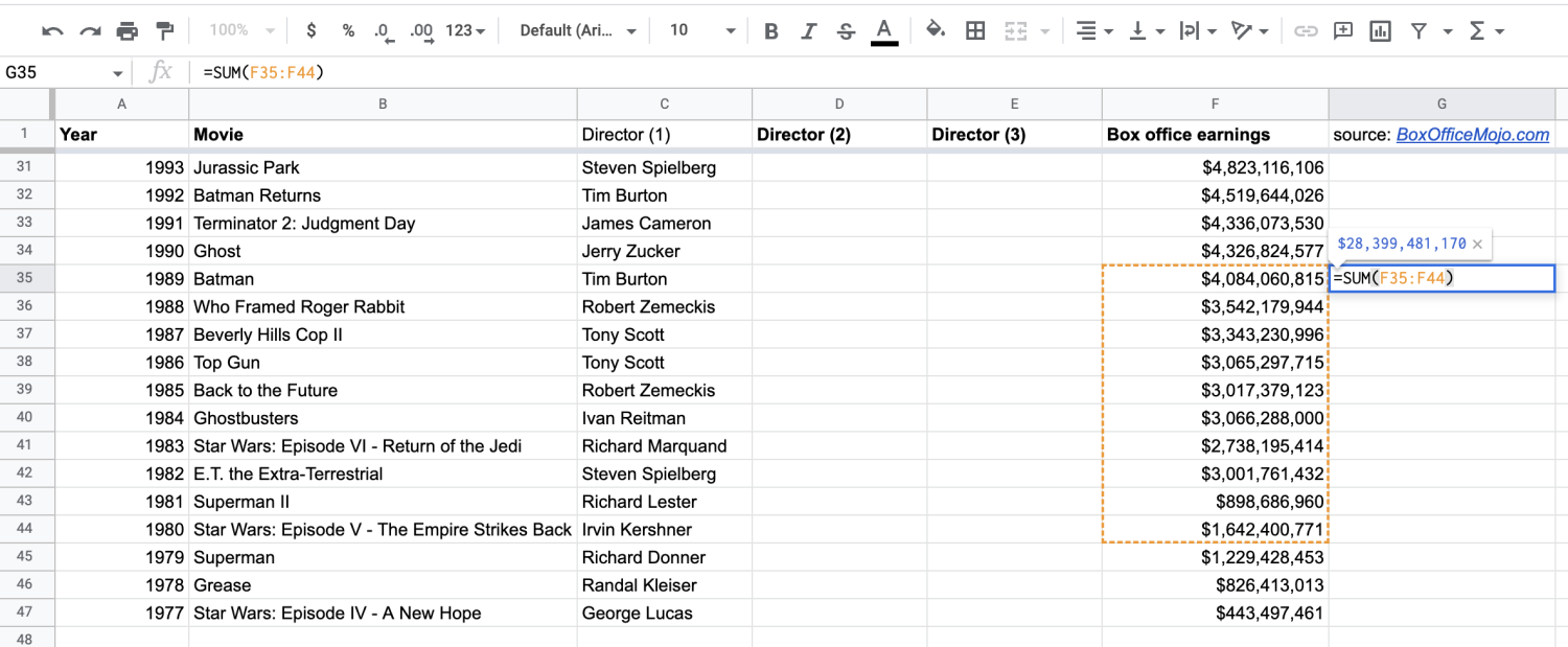 Alt text: Screenshot of a cell displaying the SUM function to add a range of cells in Google Sheets.