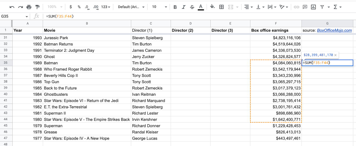 Alt text: Screenshot of a cell displaying the SUM function to add a range of cells in Google Sheets.