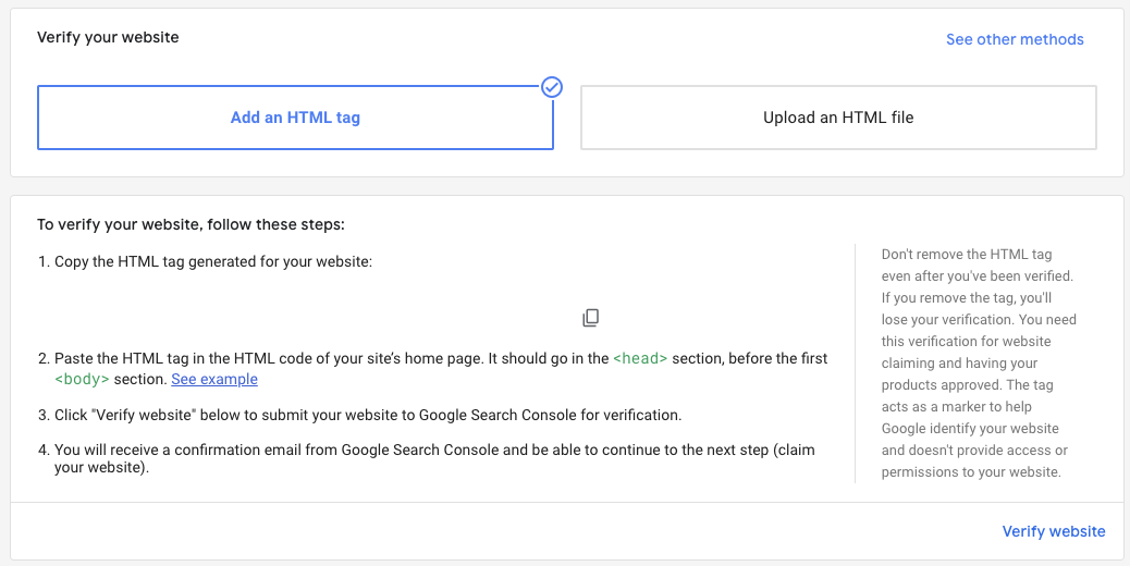 [Screenshot] Website verification step for Google for Retail