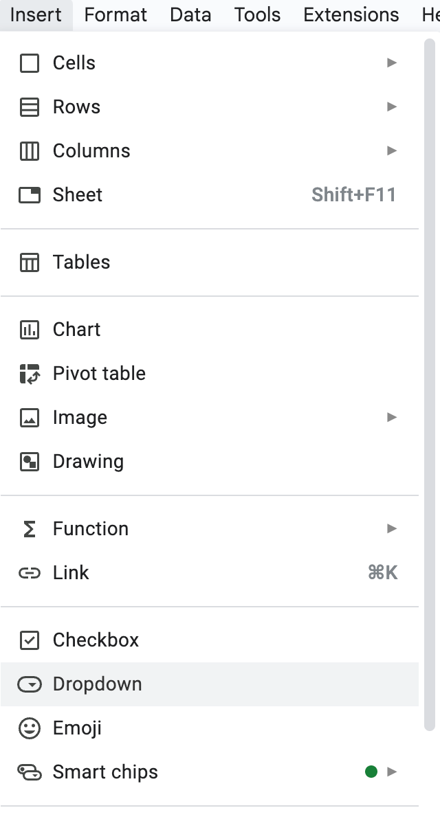 Insert > Dropdown in Google Sheets