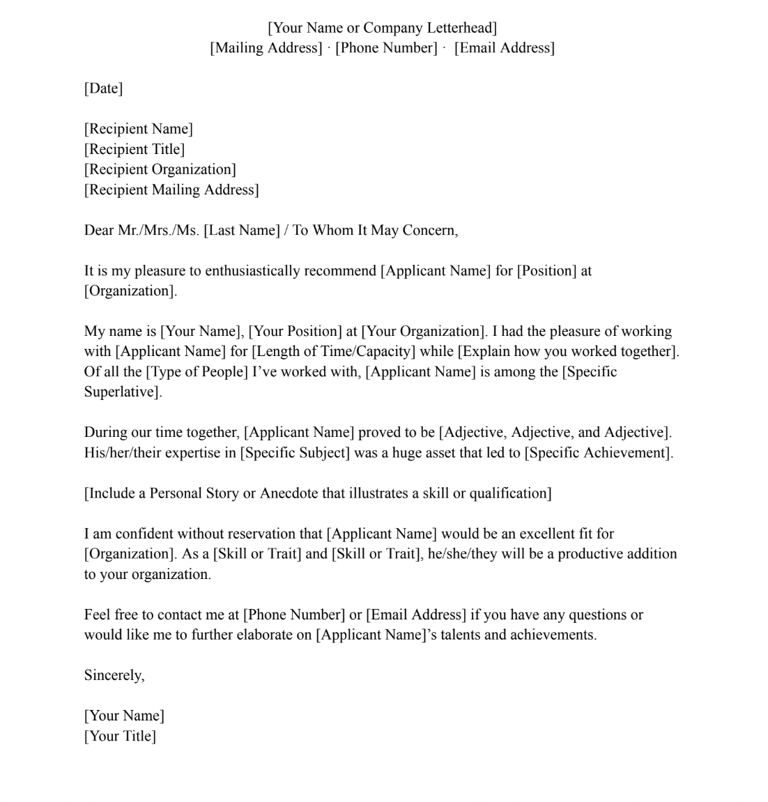 Letter of recommendation template