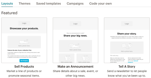 [Body image] A screenshot of a Mailchimp template selection page highlights three featured email templates: "Sell Products," "Make an Announcement," and "Tell A Story," each with a brief description.