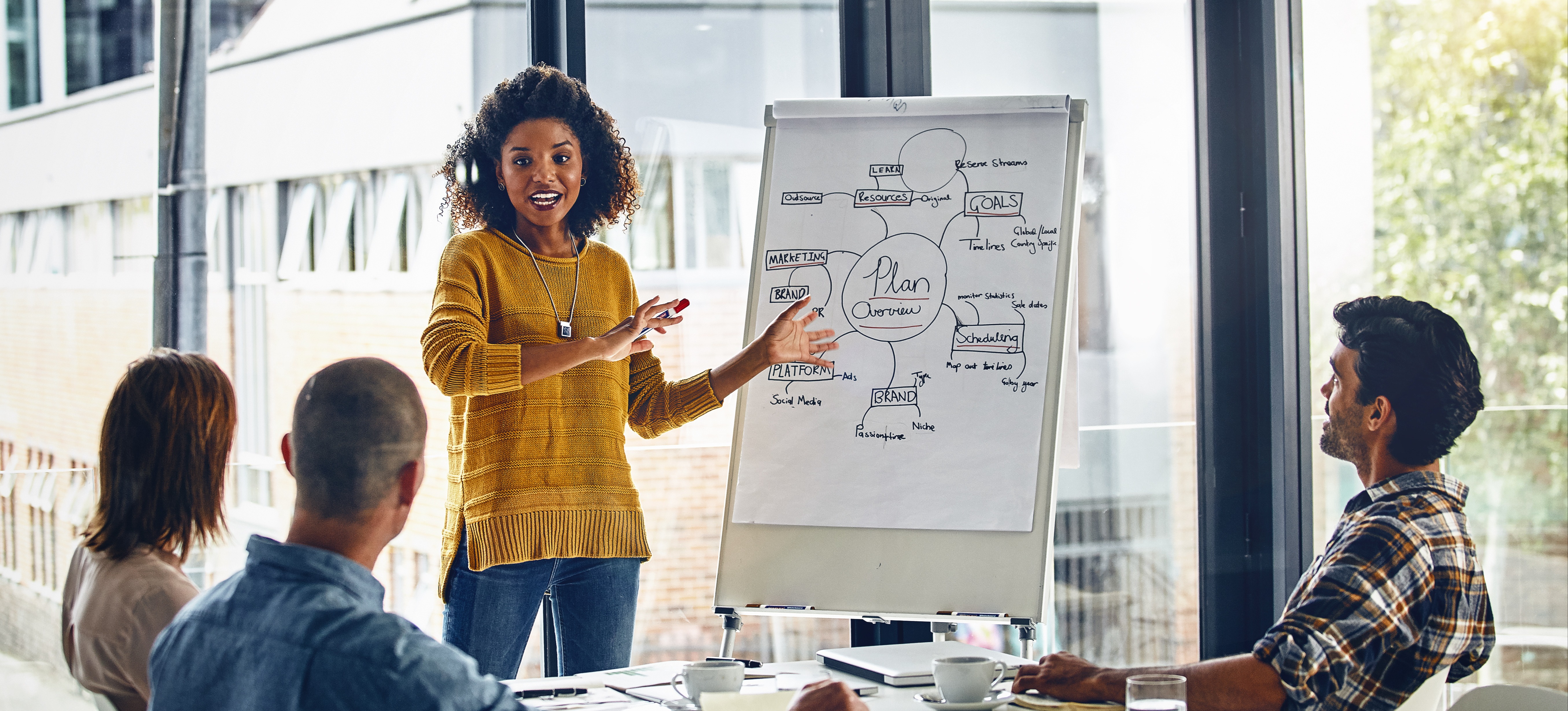 [Featured Image] A product manager explains a new product's market fit to the company’s marketing team. 
