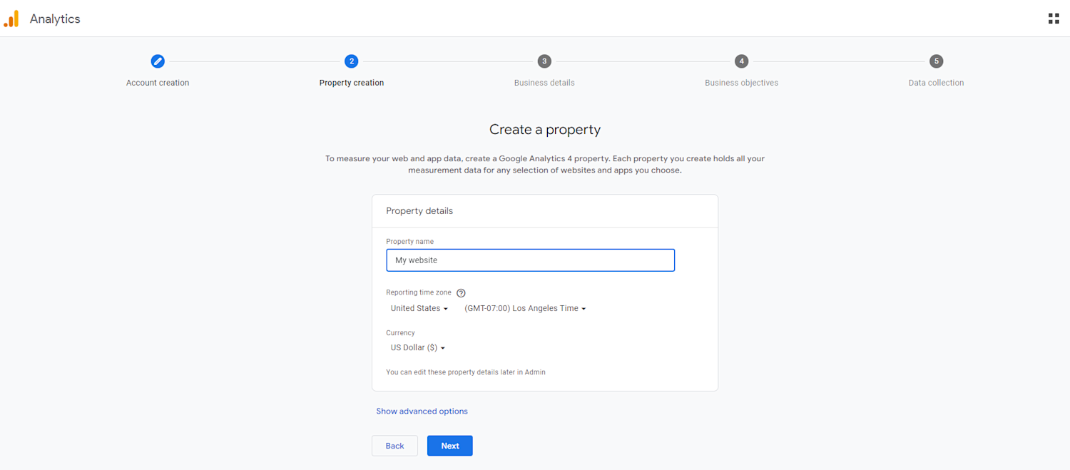 Alt text: Google Analytics Create a property page