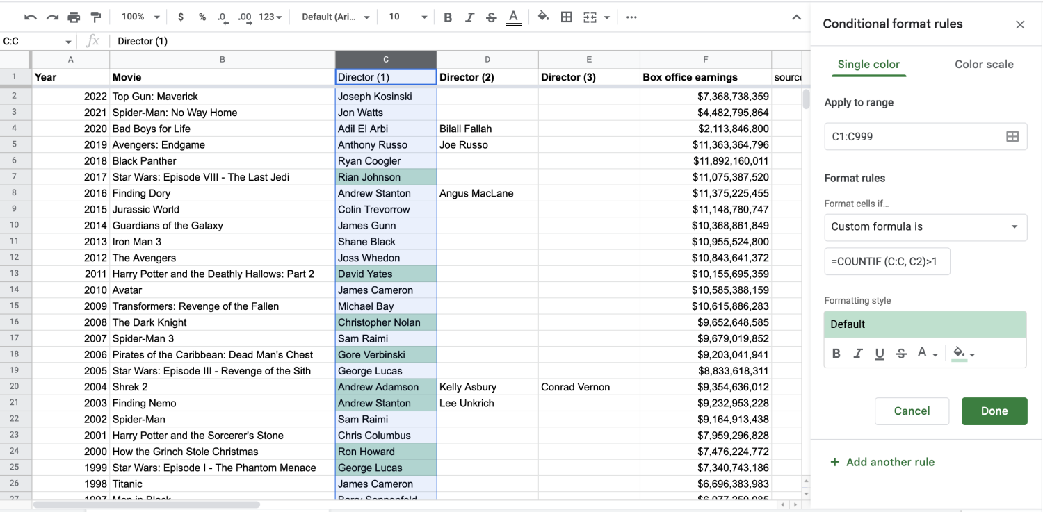 Alt text: Google Sheet with Column C selected and the Conditional format rules box opened to add the COUNTIF formula.