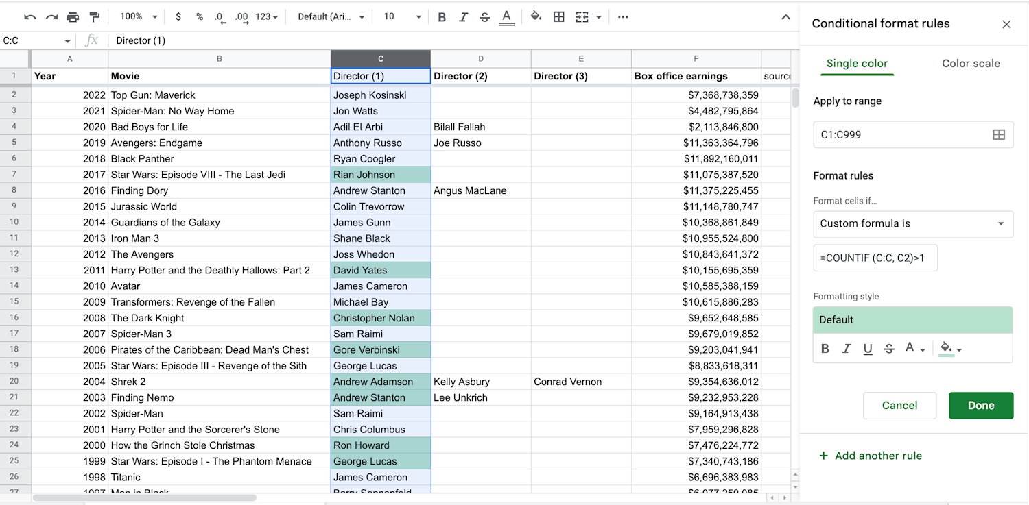 Alt text: Google Sheet with Column C selected and the Conditional format rules box opened to add the COUNTIF formula.