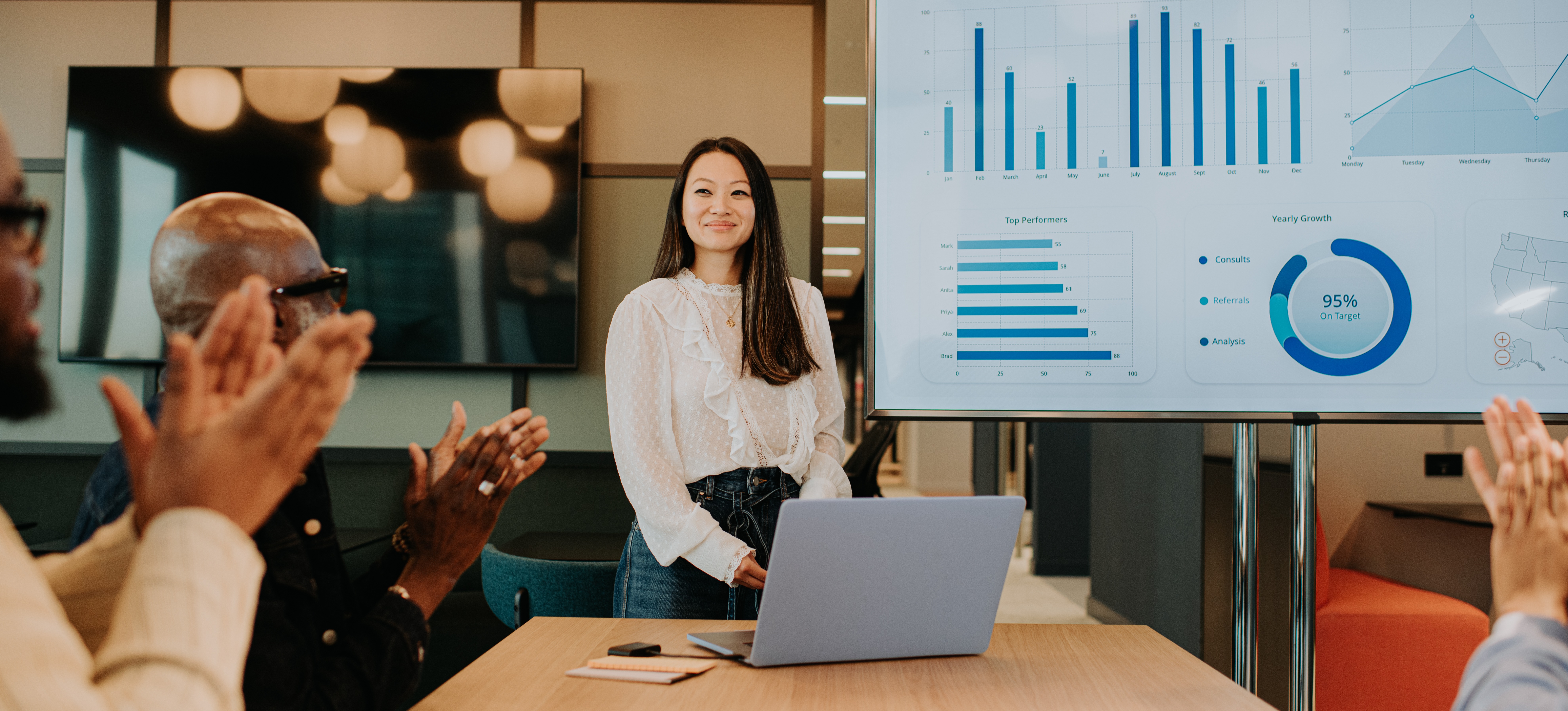 [Featured Image] A business professional uses skills they learned during their business master's degree program to complete a presentation in front of their coworkers.
