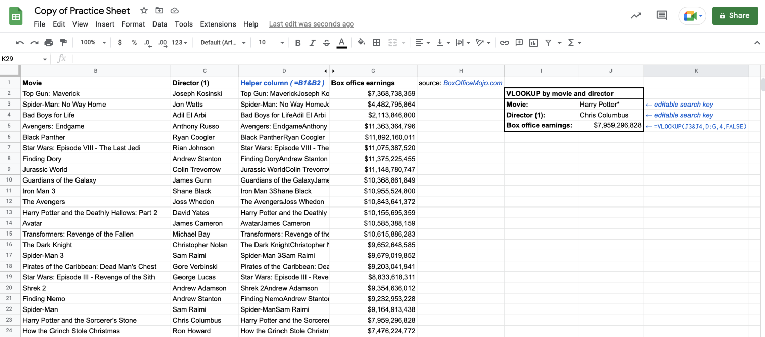 Alt text: VLOOKUP function with multiple criteria displayed in Google Sheets.