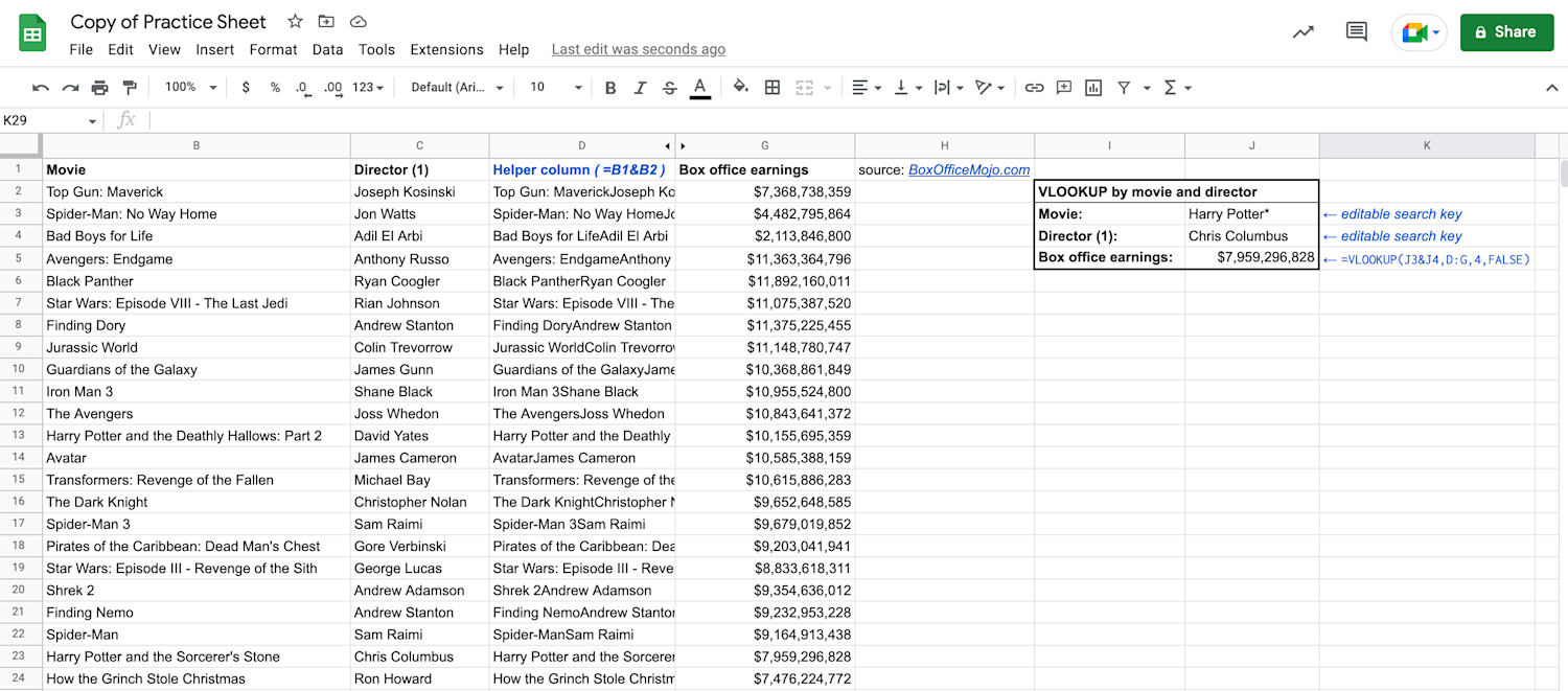 Alt text: VLOOKUP function with multiple criteria displayed in Google Sheets.