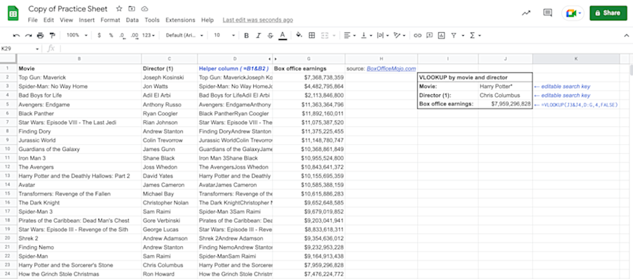 Alt text: VLOOKUP function with multiple criteria displayed in Google Sheets.