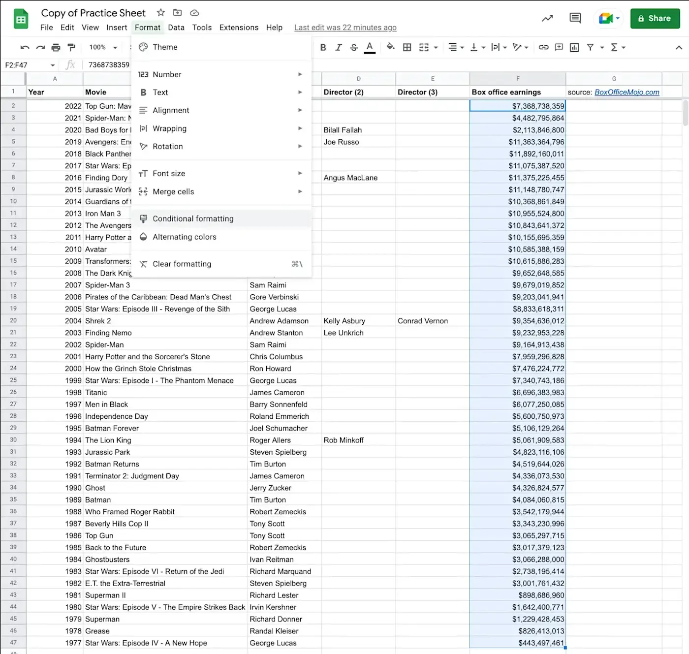 Alt text: The conditional formatting function being selected in Google Sheets