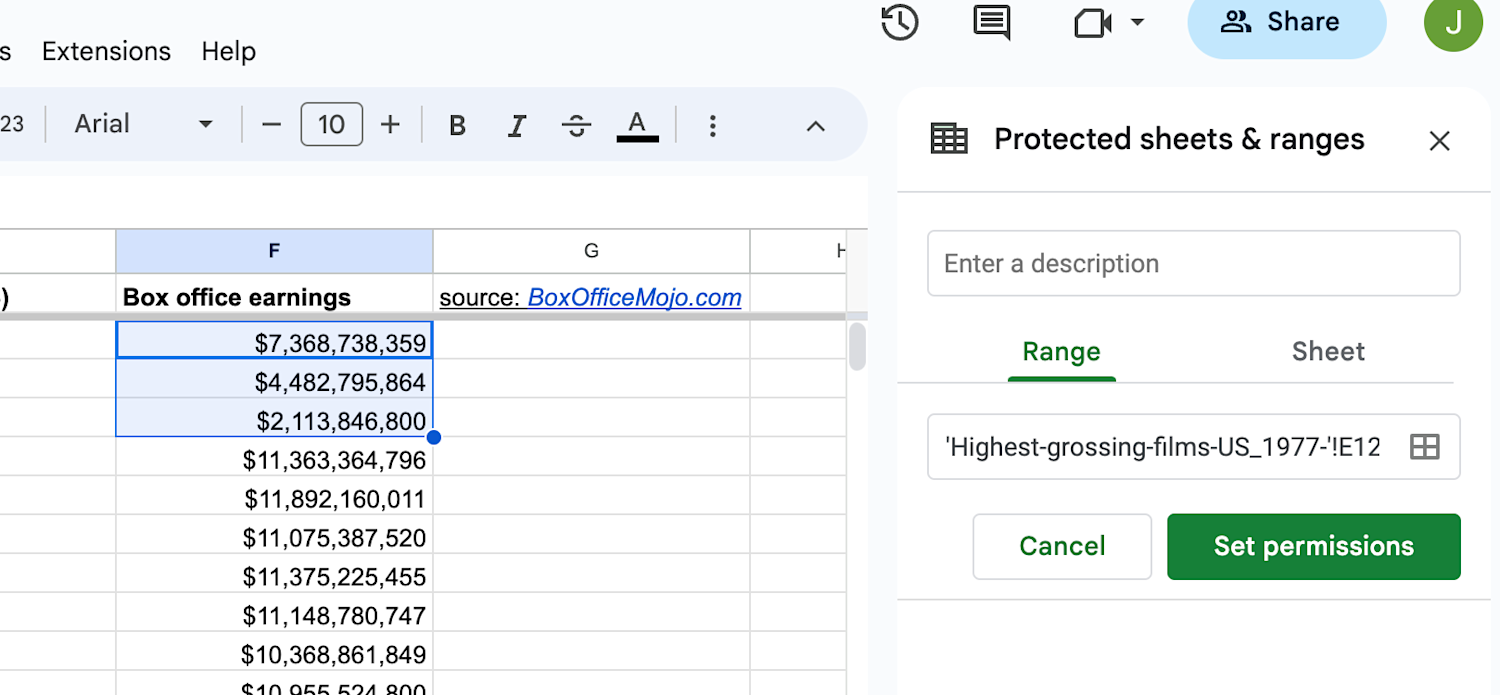 set permissions sidebar displayed in Google Sheets