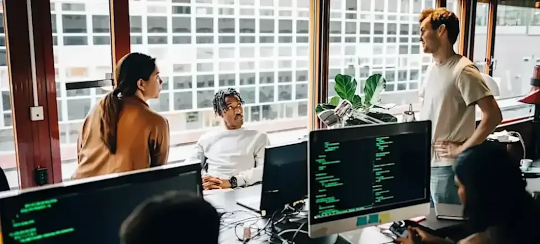 [Featured Image] Cybersecurity professionals working together at various CISSP jobs in a tech startup office.
