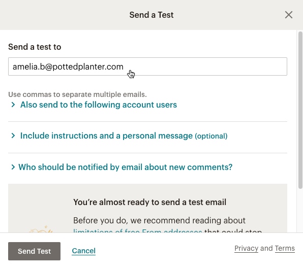 [Body image] Screenshot of a Mailchimp "Send a test" window, the user's cursor on the "Send a test to" email field.