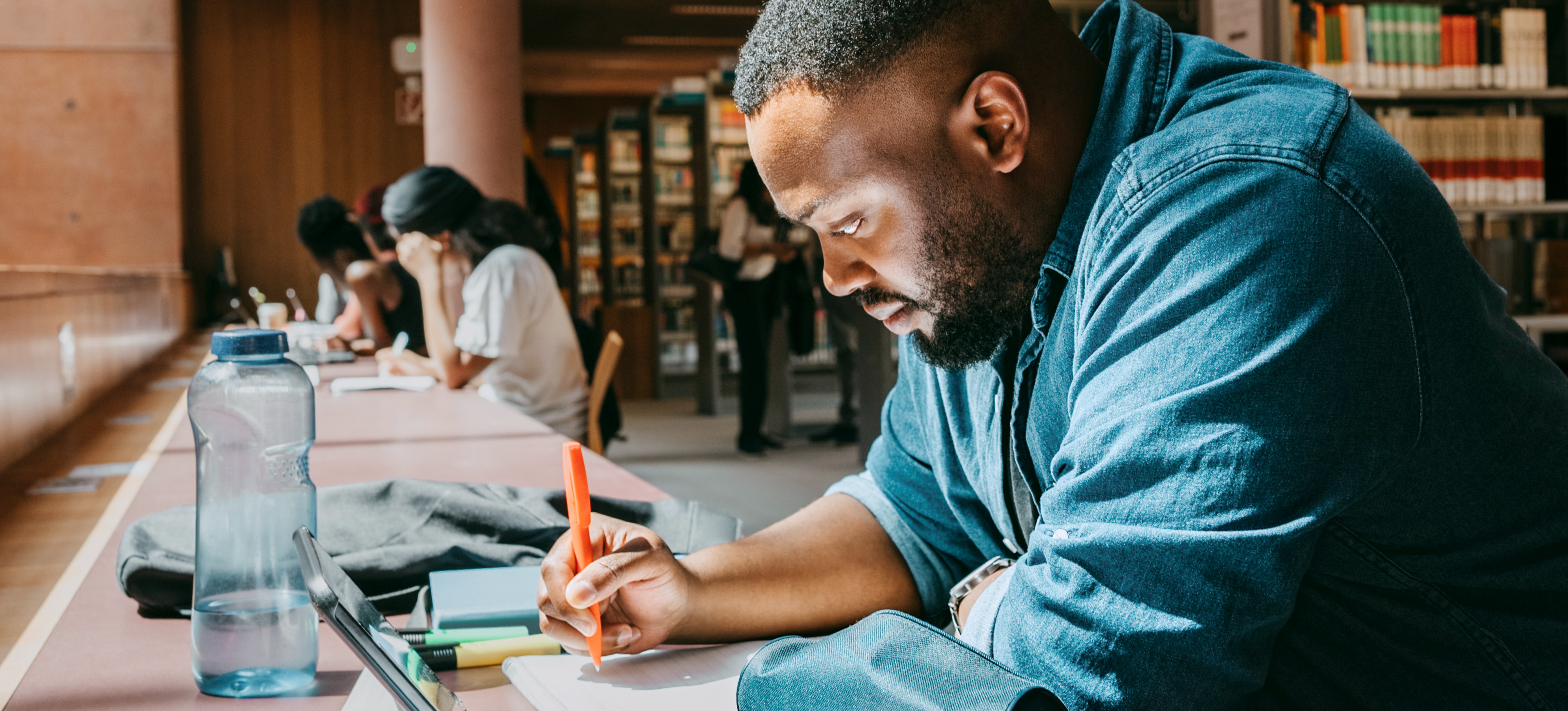 [Featured image] A grad school student studies in a library.