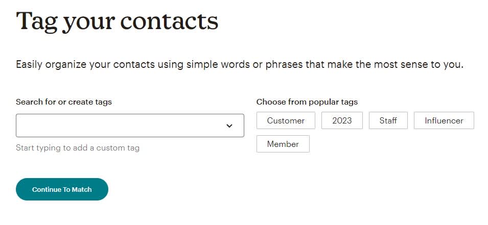 Mailchimp menu to tag contacts